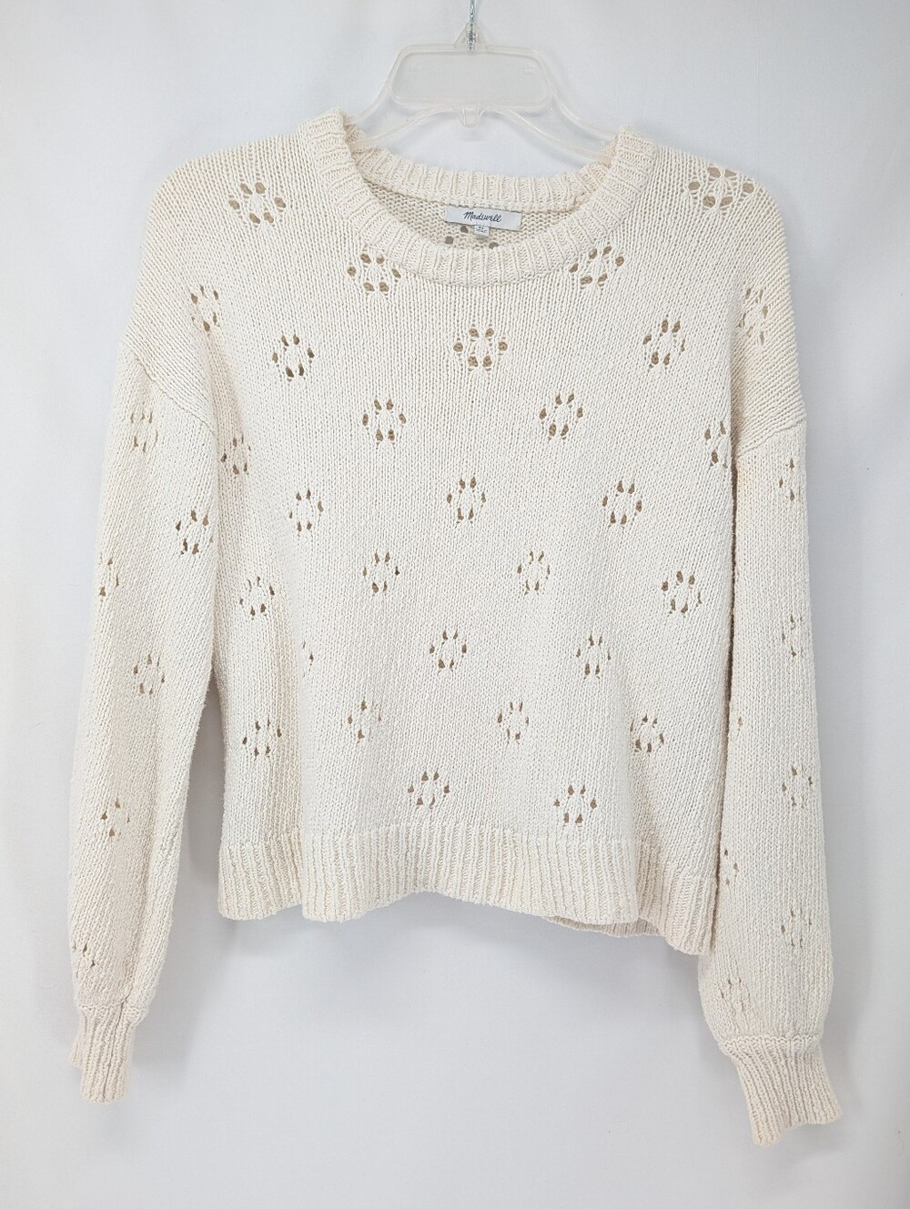 Madewell Pointel Bubble Sleeve Ivory Eyelet-Knit Cotton Crewneck Sweater XS - Picture 2 of 6